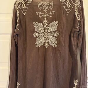 Johnny Was Chocolate Top with Cream Embroidery